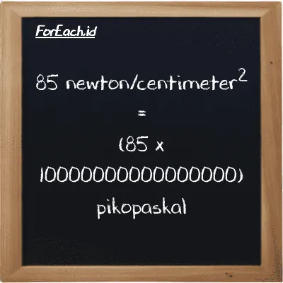 Cara konversi newton/centimeter<sup>2</sup> ke pikopaskal (N/cm<sup>2</sup> ke pPa): 85 newton/centimeter<sup>2</sup> (N/cm<sup>2</sup>) setara dengan 85 dikalikan dengan 10000000000000000 pikopaskal (pPa)